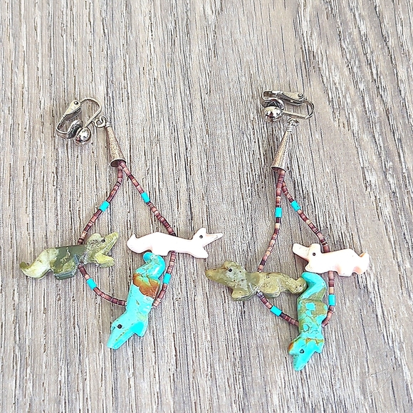 Vintage Native American Zuni Sterling Silver Carved Gemstone Necklace Earrings - Picture 11 of 12